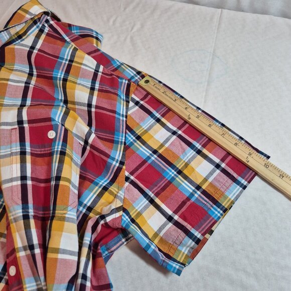 Roundtree & Yorke Men's Size L Short Sleeve Shirt Plaid Red Blue Button Up (56 - Picture 6 of 8